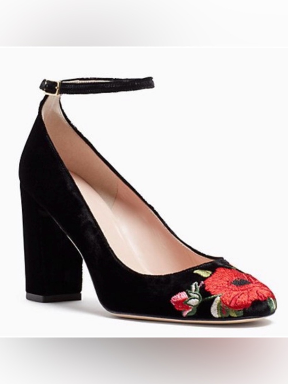 Kate Spade Grove Heels Velvet Ankle-Strap Red Floral Embroidery